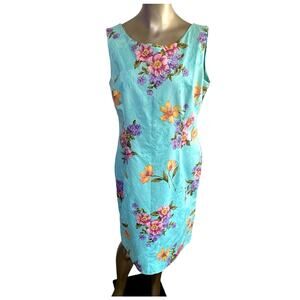 Vintage K Studio Floral Sheath Dress SZ 14 Cotton Sleeveless Tea Party Blue